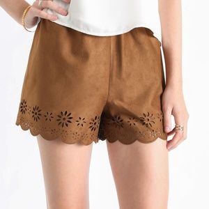 Tan Faux Suede Laser Cut Scalloped Shorts